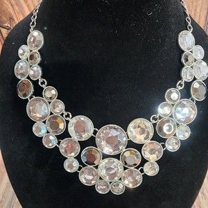 I.N.C. Silver Tone Smokey Clear Faceted Round Disc Statement Bib Necklace Dance
